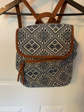 Geometric Navy and Cream Canvas Backpack with Brown Trim